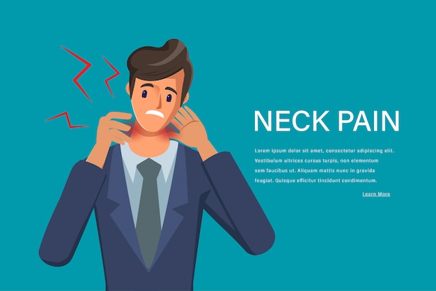 Young man neck pain feeling exhausted character. Pain in neck. Medical center healthcare.