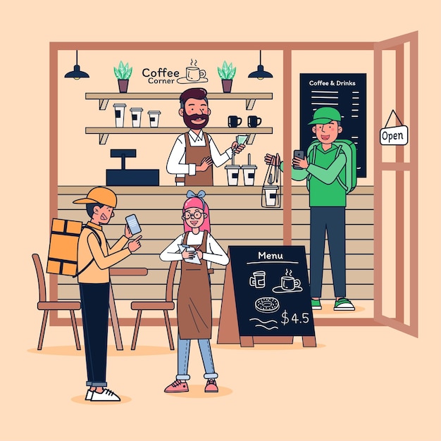 Vector a young man opens a small coffee shop. selling coffee and cake it is a barista and runs the shop alone. the business is growing with frequent customers and delivery. flat illustration