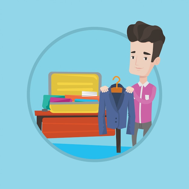 Vector young man packing his suitcase vector illustration