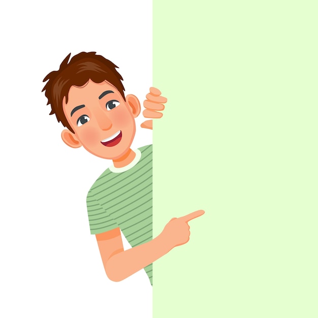 Vector young man peeking from behind blank billboard pointing index finger to empty banner for copyspace