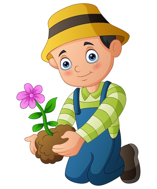 Young man planting a flower isolated on white background