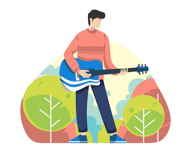 Vector young man play guitar outdoor vector illustration