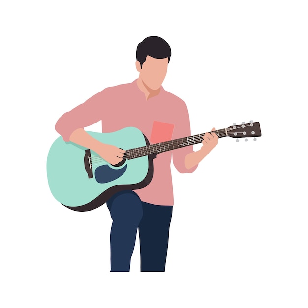 Young man playing acoustic guitar in minimal flat design vector illustration