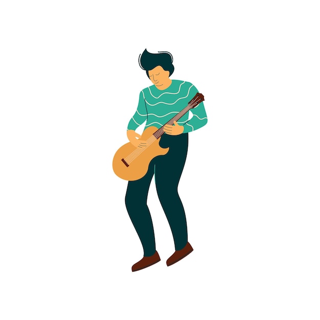 백색 배경 에 어쿠스틱 기타 를 연주 하는 젊은 남자