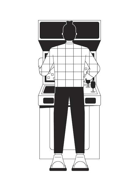 Young man playing arcade flat line black white vector character Leisure Hobbie Editable outline full body person Simple cartoon isolated spot illustration for web graphic design