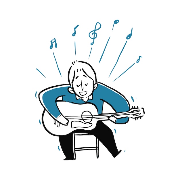 Vector young man playing guitar and sings a song.