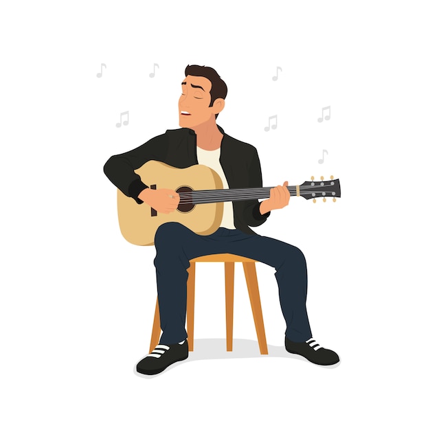 Vector young man playing guitar and sings a song.