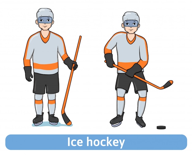 Giovane che gioca a hockey. giocatore di hockey con un bastone in piedi e in movimento. sport invernali, ricreazione attiva. illustrazione, su bianco.