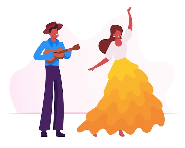 Vettore giovane che suona la chitarra ukulele alla ragazza che balla la danza tradizionale al carnevale di rio. cartoon illustrazione piatta