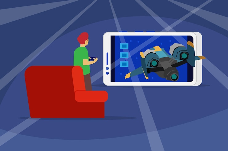 Vector young man playing video game on mobile phone looks like tv