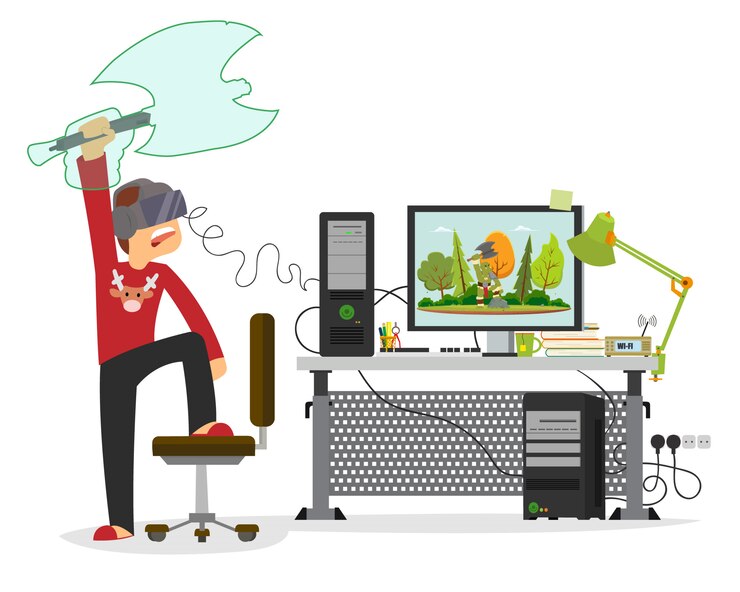 Vector young man playing in a virtual computer game.
