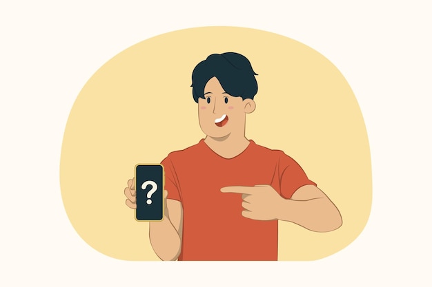 Vector young man point index finger on mobile cell phone concept