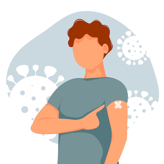 Vector young man pointing his finger at the vaccinated arm the concept of health spread of vaccination