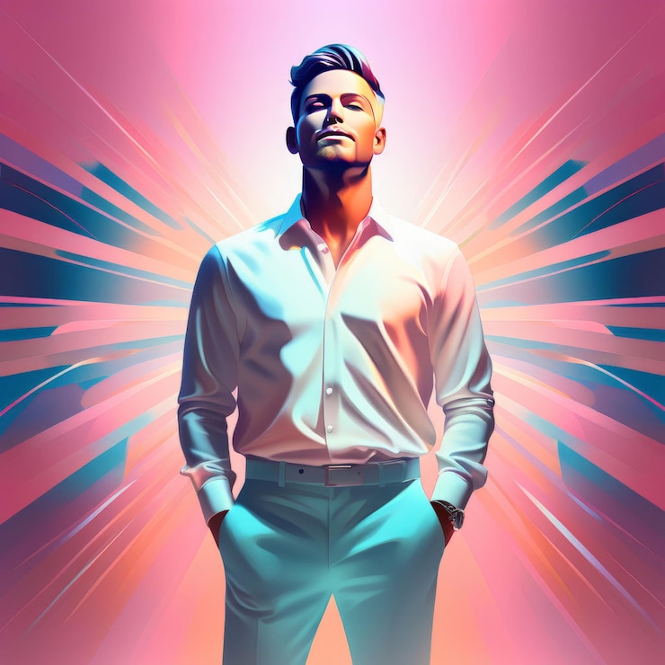 Vector a young man posing with a white and red shirt in neon lights