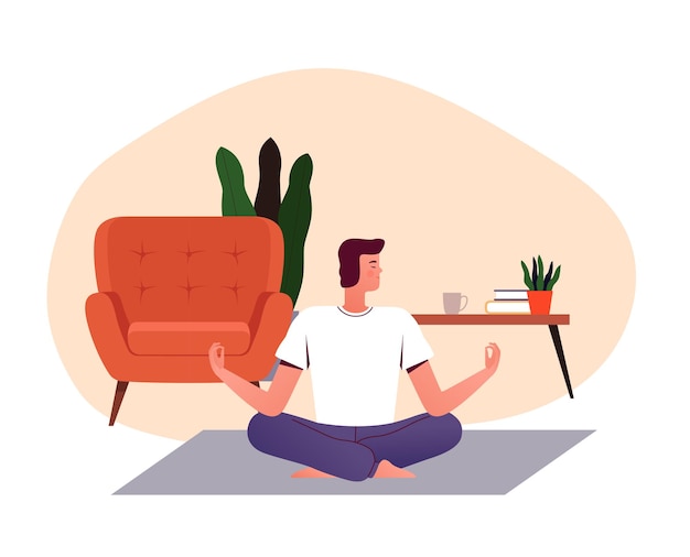 Vector young man practices yoga at home on the rug