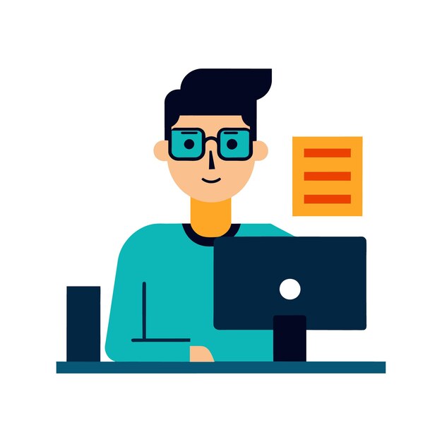 Vector young man programmer working on laptop or computer online career vector flat illustration