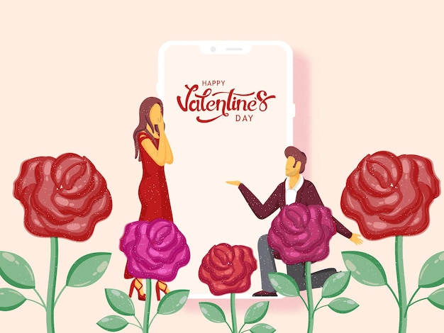 Vector young man proposing to his girlfriend on the occasion of valentines day through smartphone and beautiful rose flowers