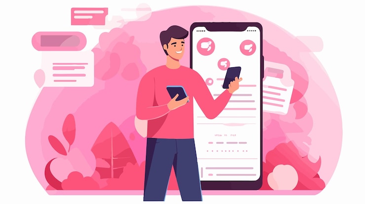 Vector young man reading digital news on tablet device