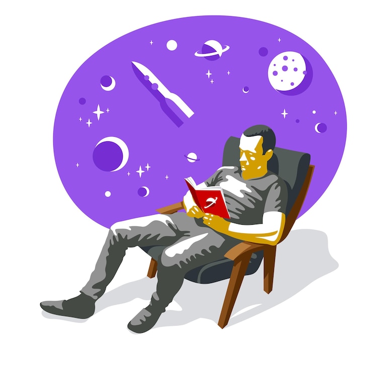 Vector young man reading fantastic book about space travel vector illustration isolated, fiction literature about fantastic cosmos adventures on a rocket.