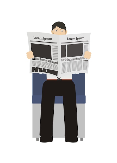 Vector young man reading newspaper simple flat illustration