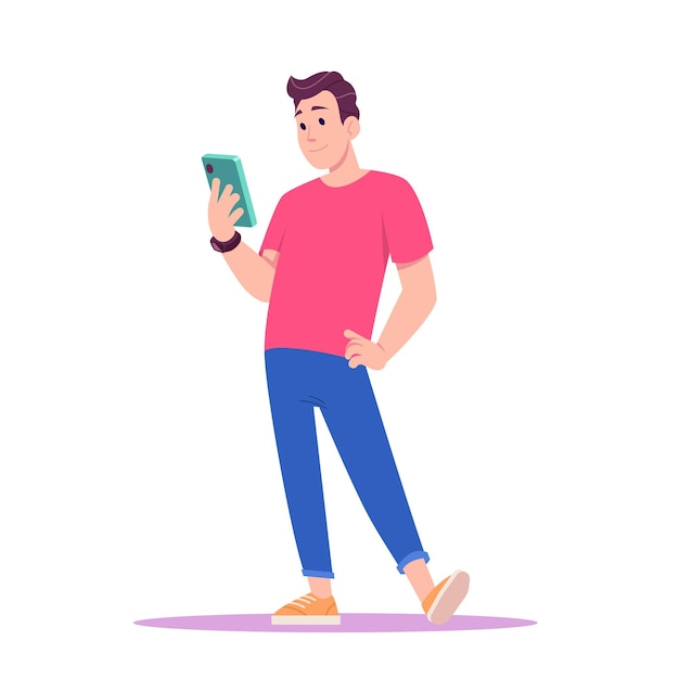 Vector young man in red tshirt and sneakers standing and looks at his smartphone