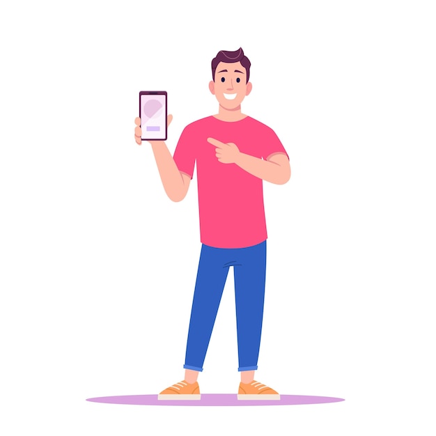 Vector young man in red tshirt and sneakers standing and points to his phone