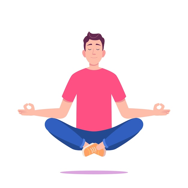 Vector young man in red tshirt and sneakersmeditating in lotus position