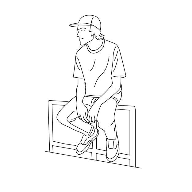 Young man relaxing and sitting on the fence Cartoon minimal style