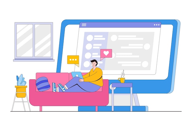 Vector young man relaxing at sofa with laptop the man chatting with friends via digital device social media flat cartoon character design for landing page web mobile and banner