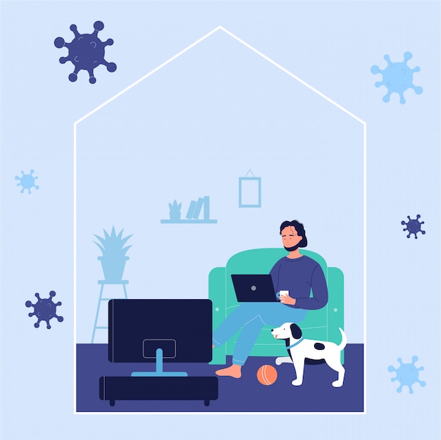 Vector young man resting on sofa and working online with laptop at home with dog during coronavirus time