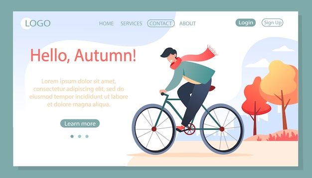 若い男は、秋の公園で自転車に乗って、webページのデザインします。
