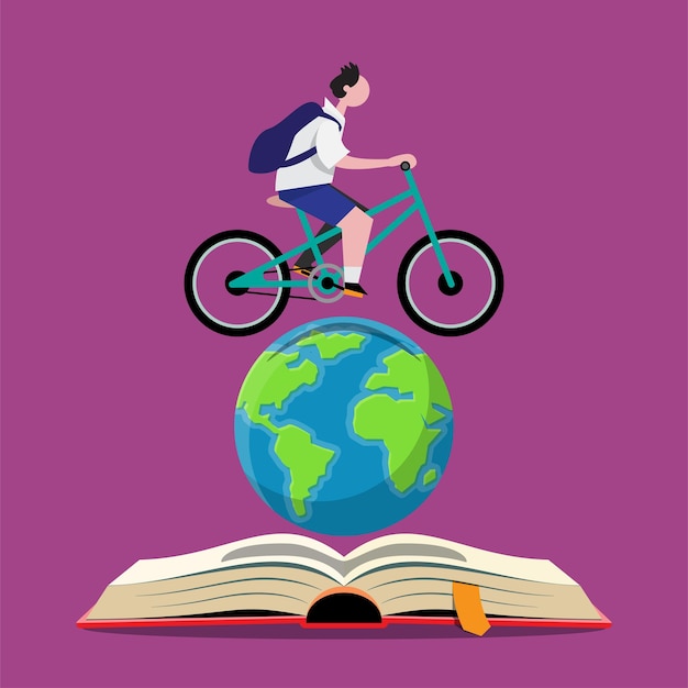 Un giovane va in bicicletta in un'accademia per educare a scuola. l'istruzione è come fare un viaggio intorno al mondo. disegno di illustrazione vettoriale piatto