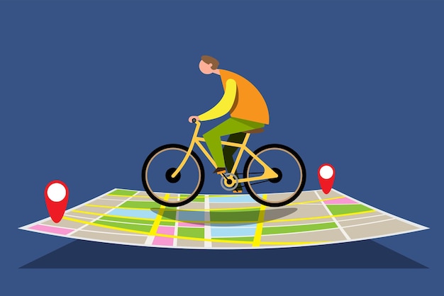 A young man rides a bicycle touring the city using maps and gps navigation to reach his destination without getting lost. flat vector illustration design