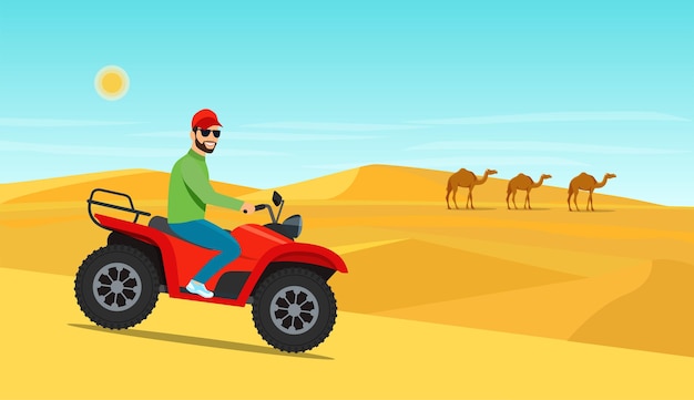 Vector young man riding on the atv motorcycle in desert. vector illustration