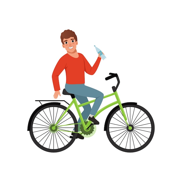 Young man riding bicycle and holding bottle of water active lifestyle concept vector Illustrations isolated on a white background