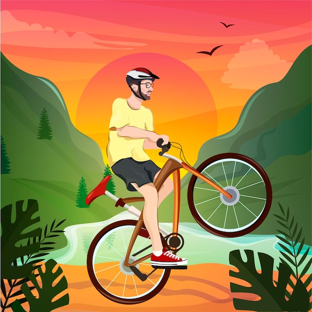 Vector young man riding a bicycle in a picturesque mountain landscape. cycling sport.