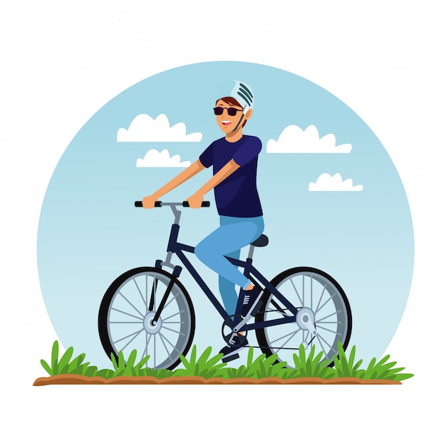 Vector young man riding bike at park