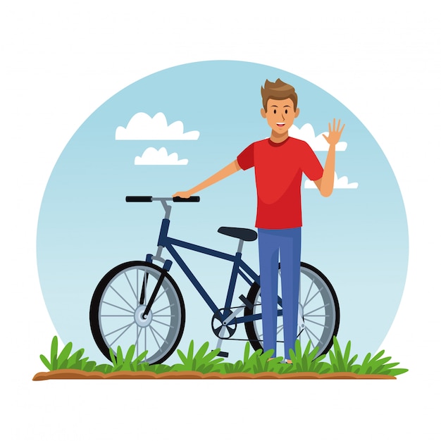 Vector young man riding bike at park