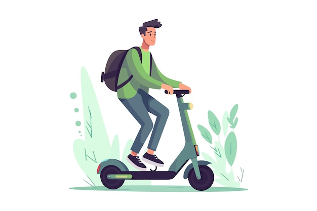 Vector young man riding electric kick scooter vector cartoon flat elements isolated on background