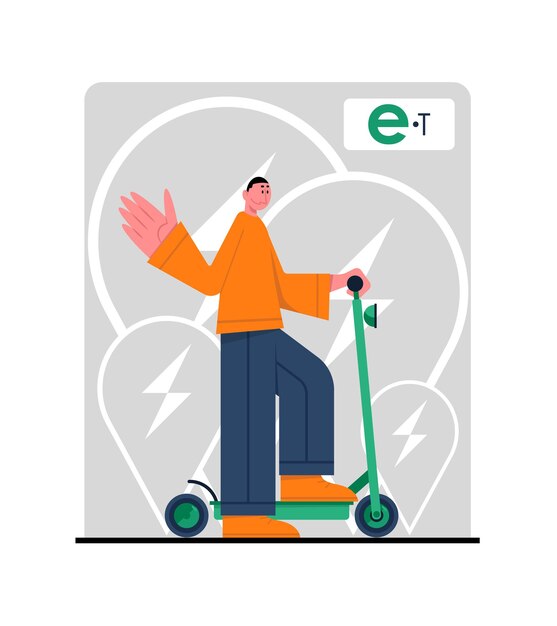 Giovane che guida uno scooter elettrico in città utilizzando il concetto di trasporto urbano ecologico etransport rating della società di servizi di noleggio di veicoli contemporanei illustrazione vettoriale piatta