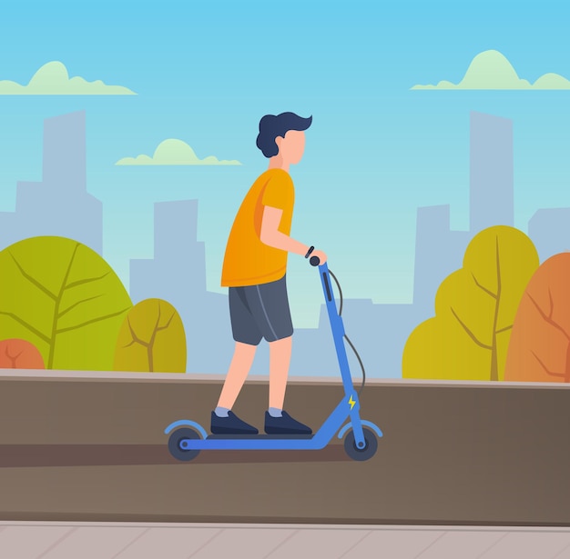 Young man riding electric scooter. Vector illustration