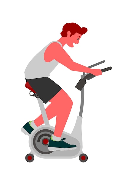 Vector young man riding static bike simple flat illustration