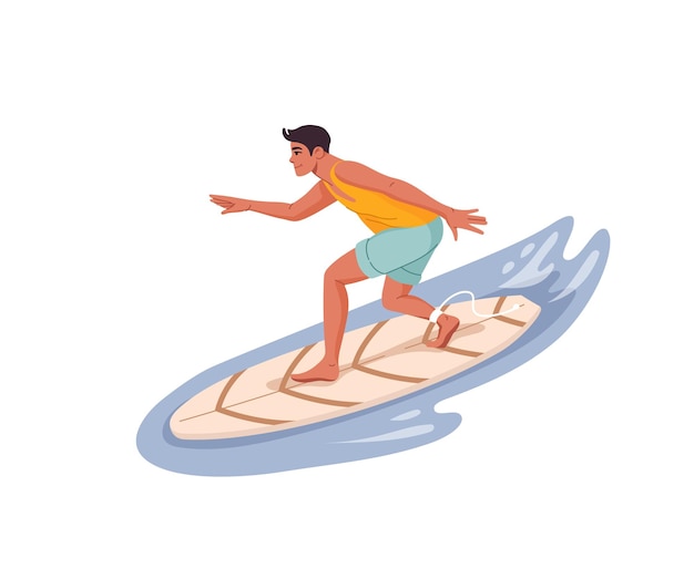 Young man riding wave on a surfboard Surfer isolated character standing on board teenager boy surfing in ocean Summer vacation tropical beach activity or watersports vector personage