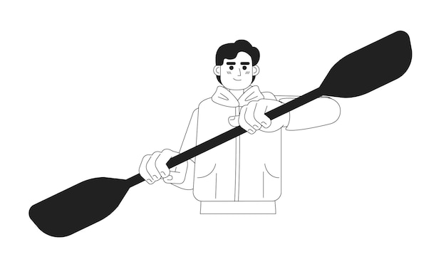 Young man rowing with kayak paddle monochromatic flat vector character