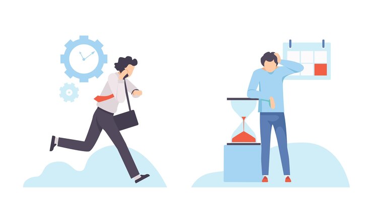Vector young man running to appointment and watching time flowing in hourglass vector set