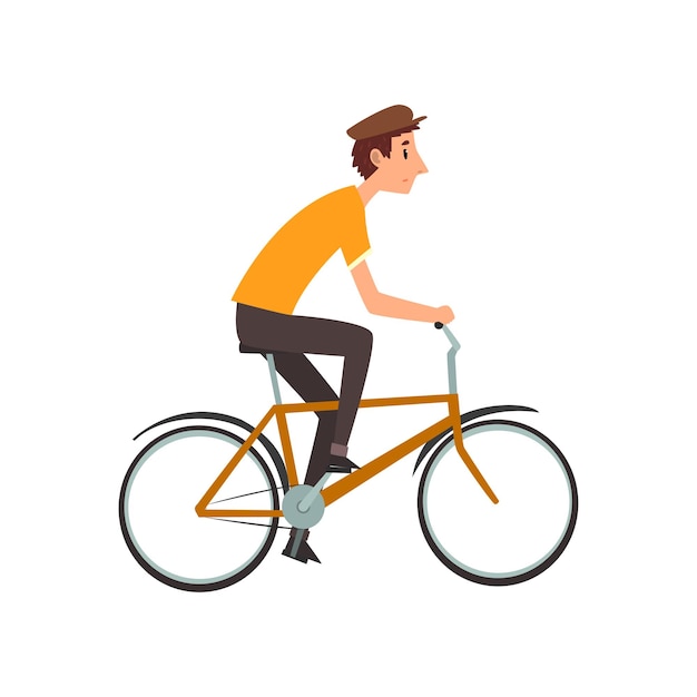 Giovane che corre in bicicletta, stile di vita attivo e sano, concetto vettoriale di cartoni animati, illustrazione isolata su uno sfondo bianco