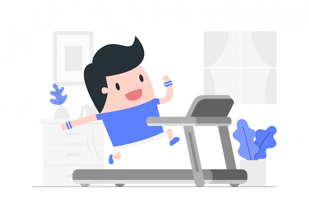 Vector young man running on a treadmill at home.