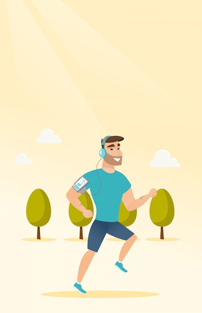 Vector young man running with earphones and smartphone