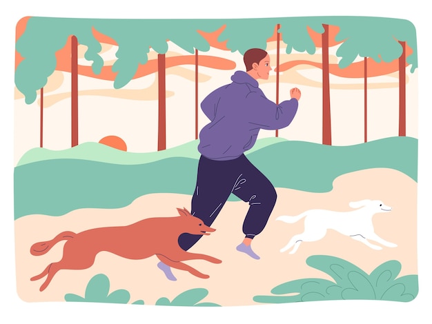 ベクトル 若い男は森の中を犬と一緒に走ります。