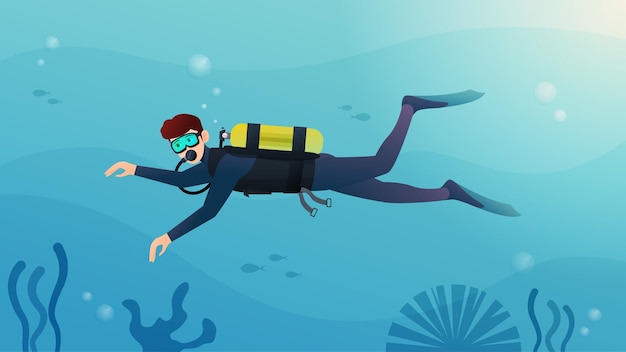 Vector young man scuba diving and snorkling in the blue ocean